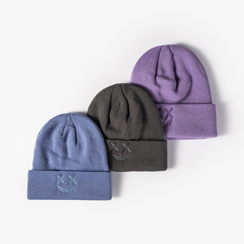Unisex Embroidered Funny Happy Face Knit Hat Autumn Winter Warm Wool Hat