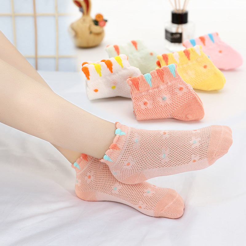 5 pairs Kids Mesh Breathable Ankle Socks for Girls, Flowers Pattern