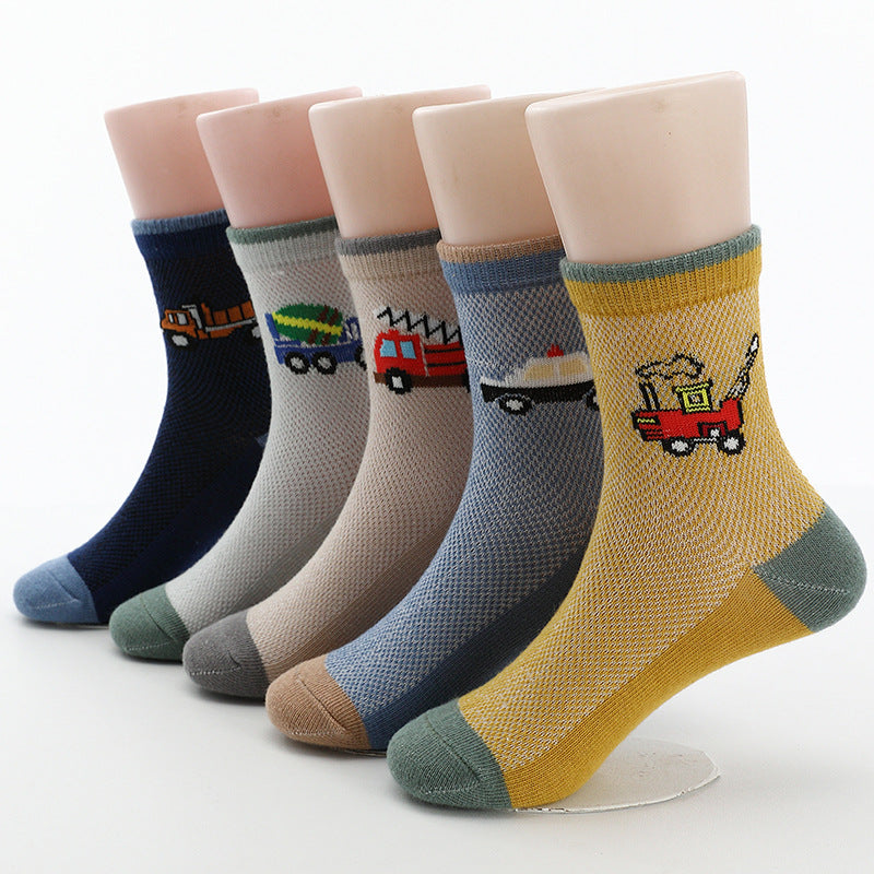 Kids Cartoon Car Pattern Cotton Crew Socks - 5 Pairs
