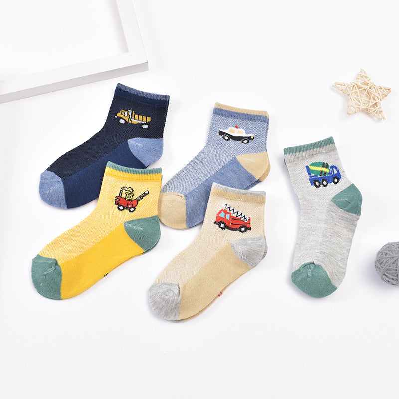 Kids Cartoon Car Pattern Cotton Crew Socks - 5 Pairs