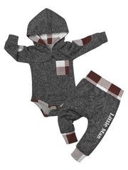 Baby Boys Hooded Romper & Plaid Pants Set for Autumn & Winter