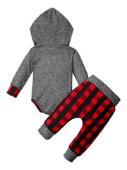 Baby Boys Hooded Romper & Plaid Pants Set for Autumn & Winter