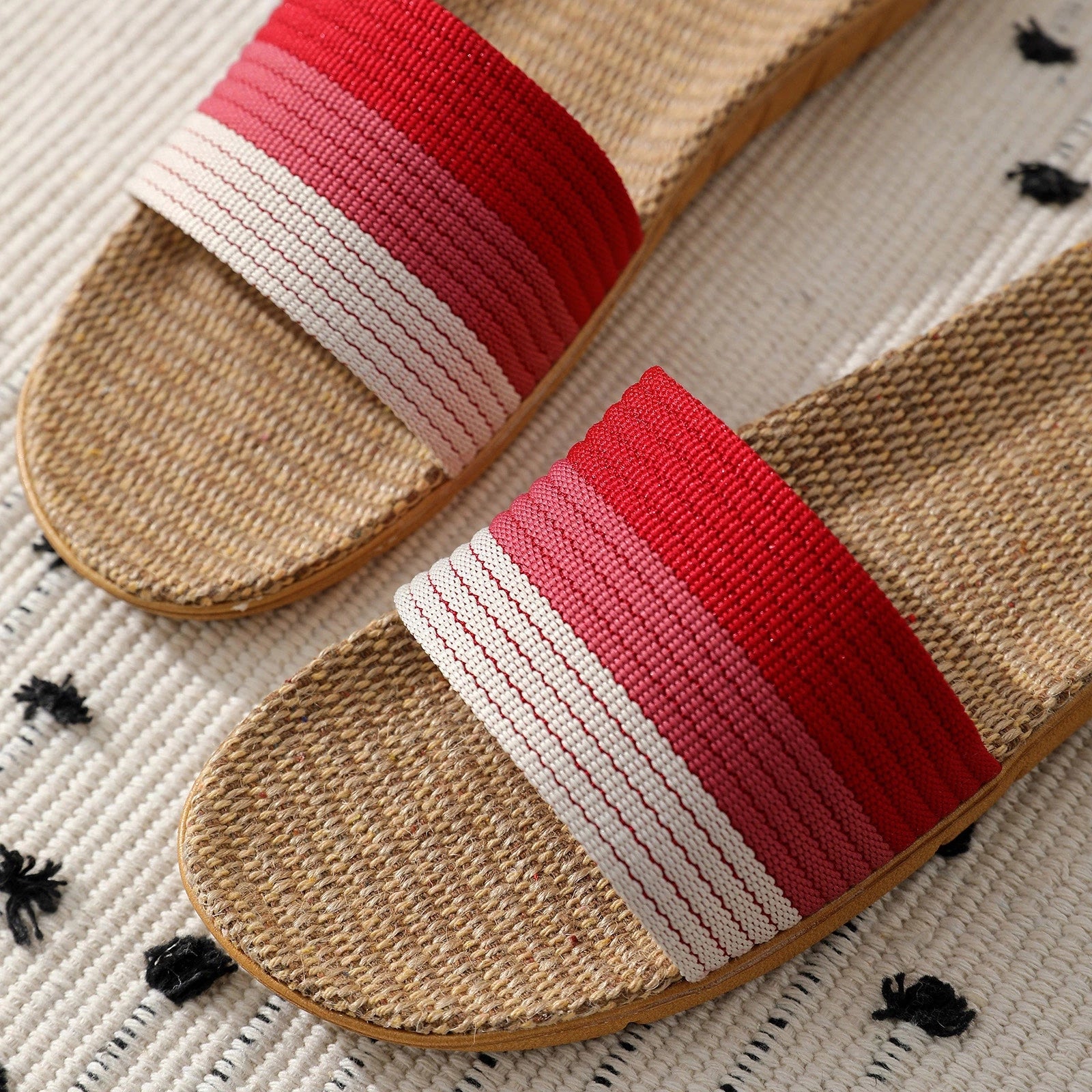 Women's Striped Flax Sole House Slippers Open Toe Lightweight Comfy Home Slides