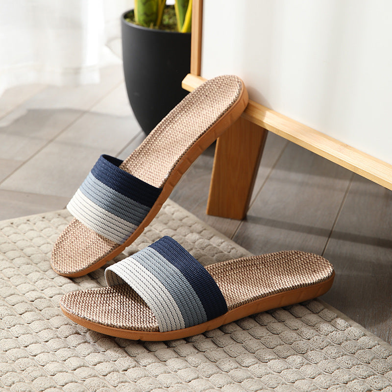 Women's Striped Flax Sole House Slippers Open Toe Lightweight Comfy Home Slides