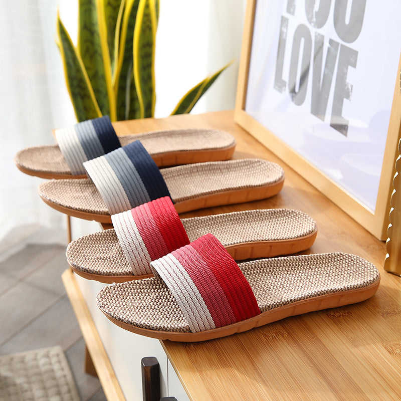 Women's Striped Flax Sole House Slippers Open Toe Lightweight Comfy Home Slides