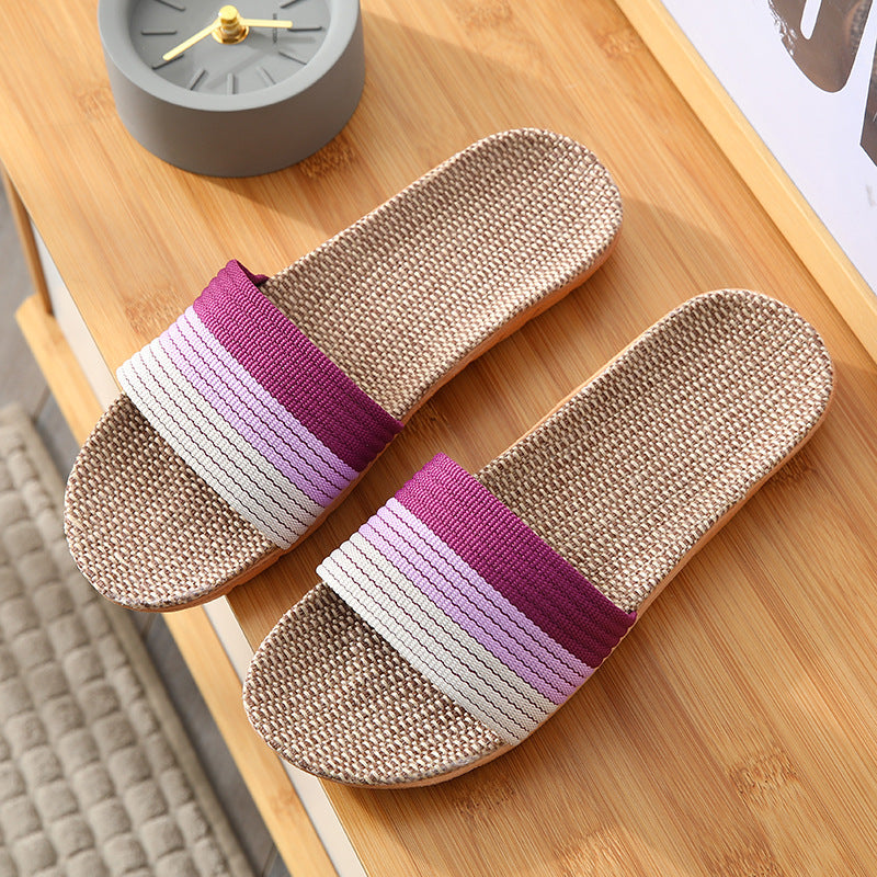 Women's Striped Flax Sole House Slippers Open Toe Lightweight Comfy Home Slides