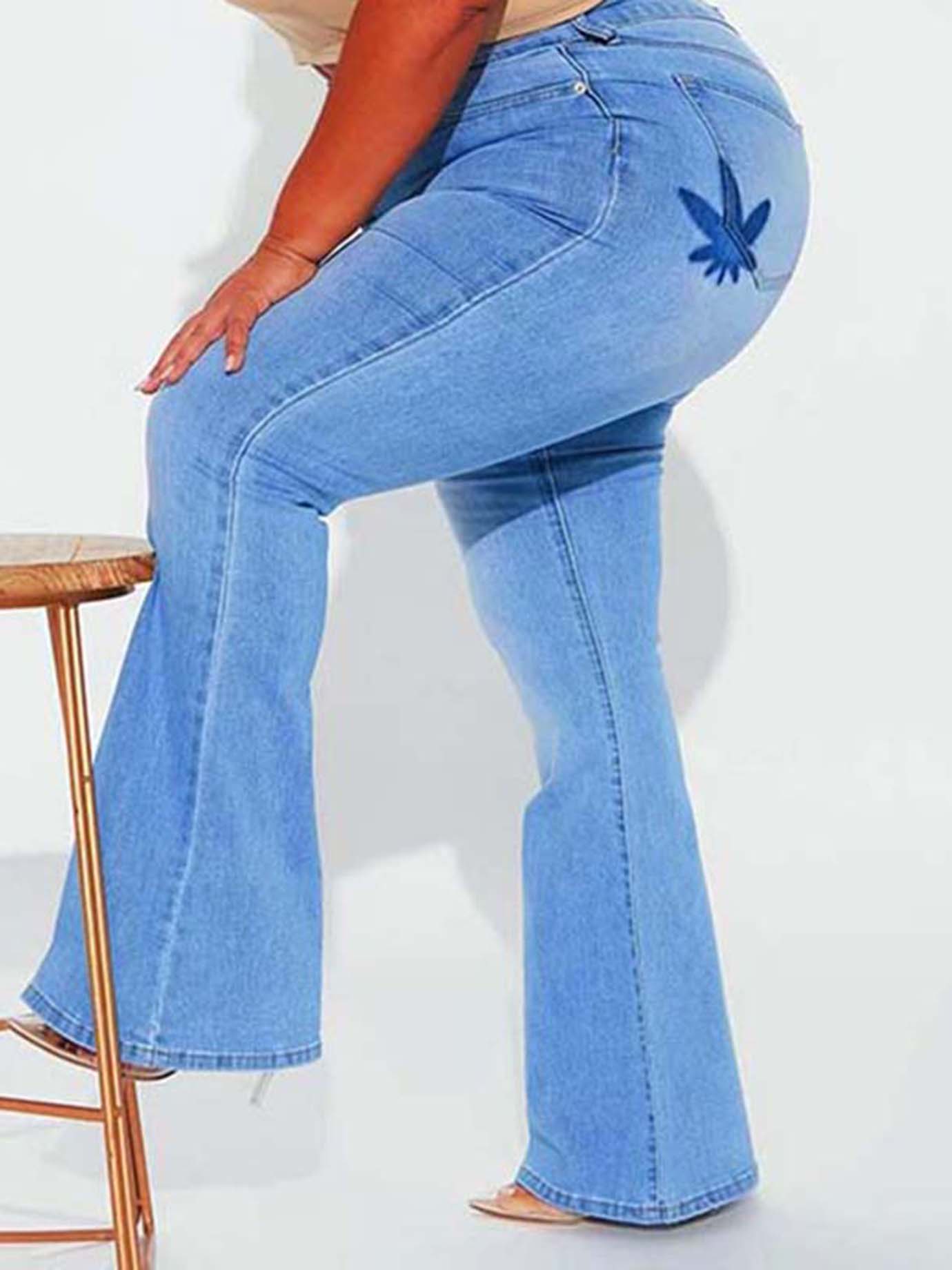 Floral Embroidered High Rise Flared Jeans Plus Size