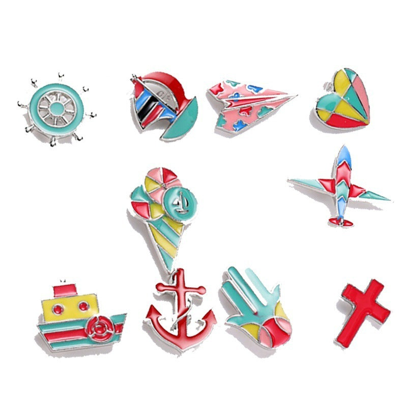 5pcs Cartoon Brooch Set Fruit Bird Airplane Palm Cross Pins