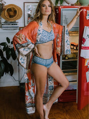 Tribal Pattern Long Robe Contrast Trim Kimono Cover Up