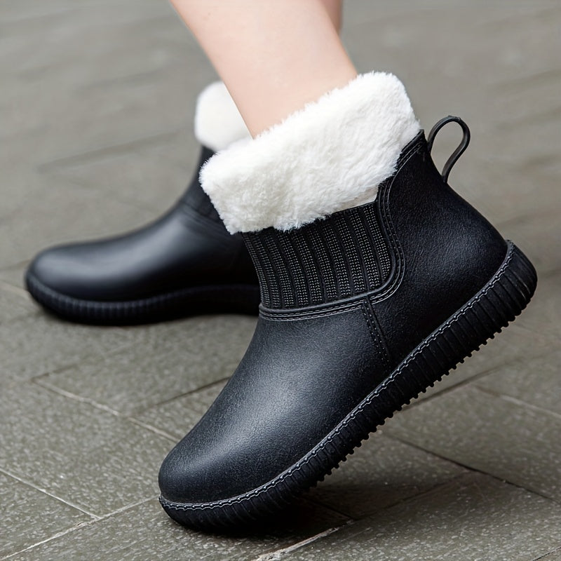 Women's Plush Lined Ankle Rain Boots Waterproof Warm Slip On Shoes