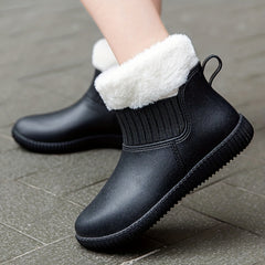 Women's Plush Lined Ankle Rain Boots Waterproof Warm Slip On Shoes