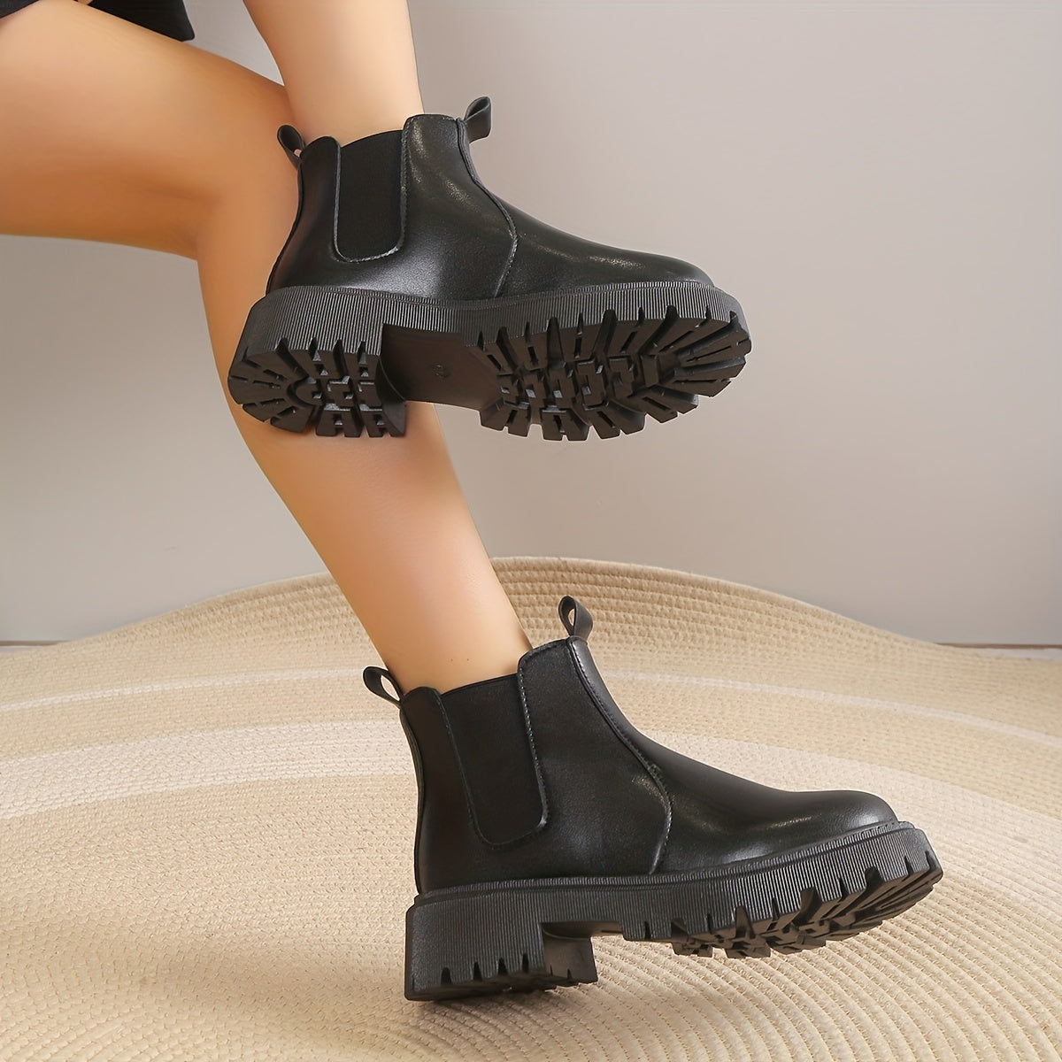 Women's Chunky Heel Platform Ankle Boots Slip On Round Toe Shoes
