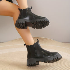 Women's Chunky Heel Platform Ankle Boots Slip On Round Toe Shoes