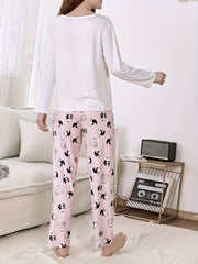 Panda Print Pajama Set Long Sleeve Crew Neck Top & Pants Women's Sleepwear