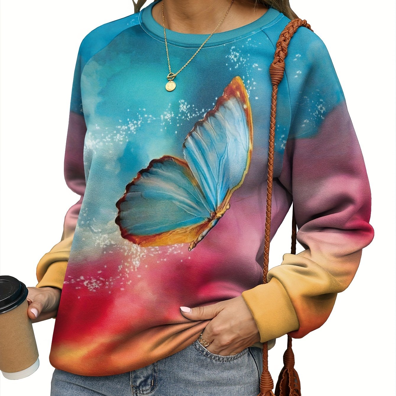 Butterfly Print Sweatshirt Crew Neck For Women