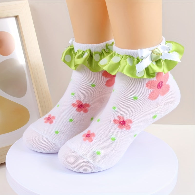 3 Pairs Baby Girls Ruffle Lace Flower Short Crew Socks Sweet Bow Dress Socks