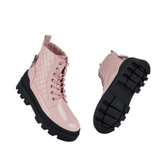 Women's Platform Ankle Combat Boots Solid Lace up Patent Leather Shoes