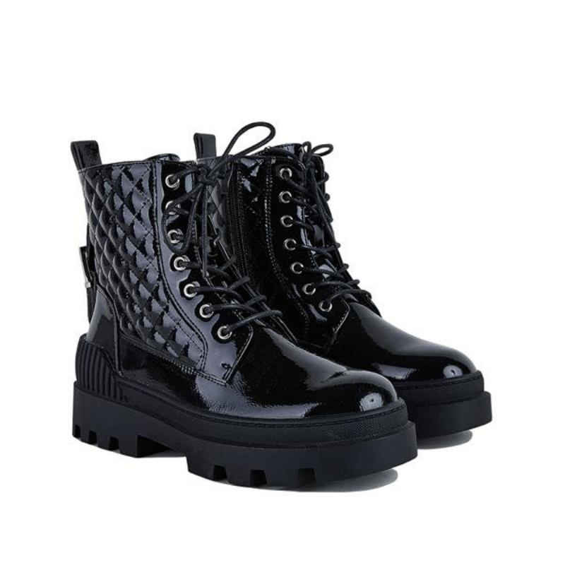 Women's Platform Ankle Combat Boots Solid Lace up Patent Leather Shoes