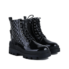 Women's Platform Ankle Combat Boots Solid Lace up Patent Leather Shoes