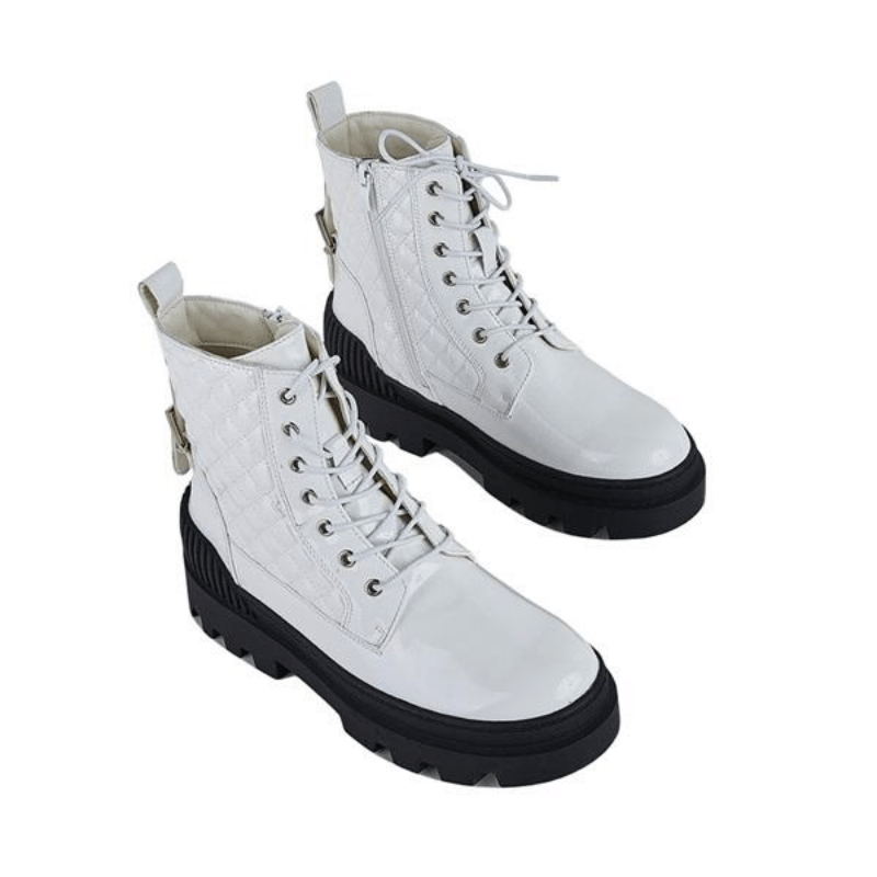 Women's Platform Ankle Combat Boots Solid Lace up Patent Leather Shoes