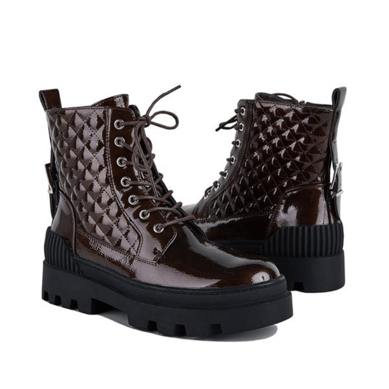 Women's Platform Ankle Combat Boots Solid Lace up Patent Leather Shoes