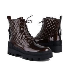 Women's Platform Ankle Combat Boots Solid Lace up Patent Leather Shoes