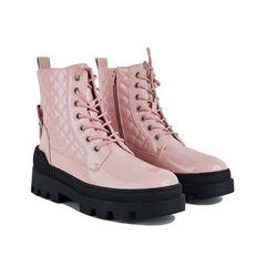 Women's Platform Ankle Combat Boots Solid Lace up Patent Leather Shoes