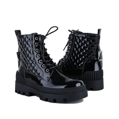 Women's Platform Ankle Combat Boots Solid Lace up Patent Leather Shoes