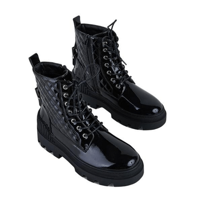 Women's Platform Ankle Combat Boots Solid Lace up Patent Leather Shoes