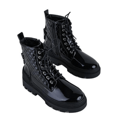 Women's Platform Ankle Combat Boots Solid Lace up Patent Leather Shoes