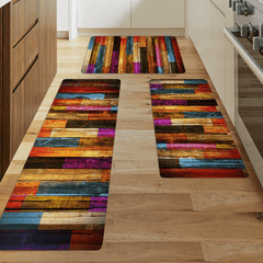 Boho Anti Fatigue Kitchen Rug Colorful Wooden Striped Absorbent Non Slip Mat
