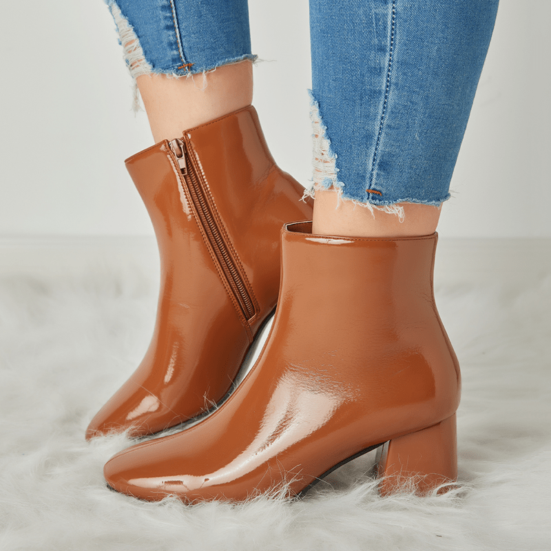 Women's Block Heel Ankle Boots Square Toe Patent Leather Side Zipper Shoes