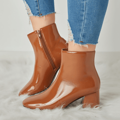 Women's Block Heel Ankle Boots Square Toe Patent Leather Side Zipper Shoes