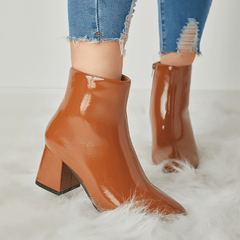 Women's Block Heel Ankle Boots Square Toe Patent Leather Side Zipper Shoes
