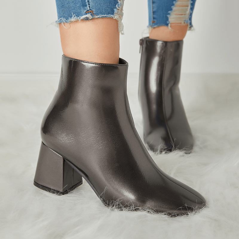 Women's Block Heel Ankle Boots Square Toe Patent Leather Side Zipper Shoes