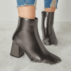 Women's Block Heel Ankle Boots Square Toe Patent Leather Side Zipper Shoes