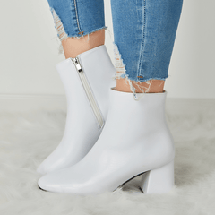 Women's Block Heel Ankle Boots Square Toe Patent Leather Side Zipper Shoes