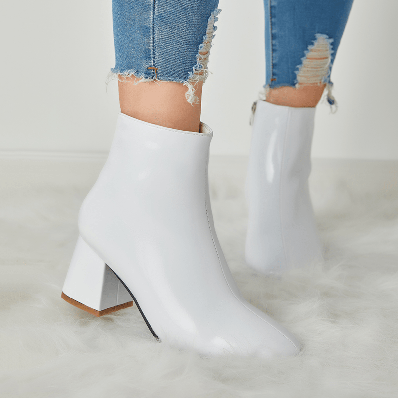 Women's Block Heel Ankle Boots Square Toe Patent Leather Side Zipper Shoes