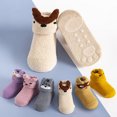 Baby Coral Fleece Non-slip Floor Socks - Cartoon Animal Graphic