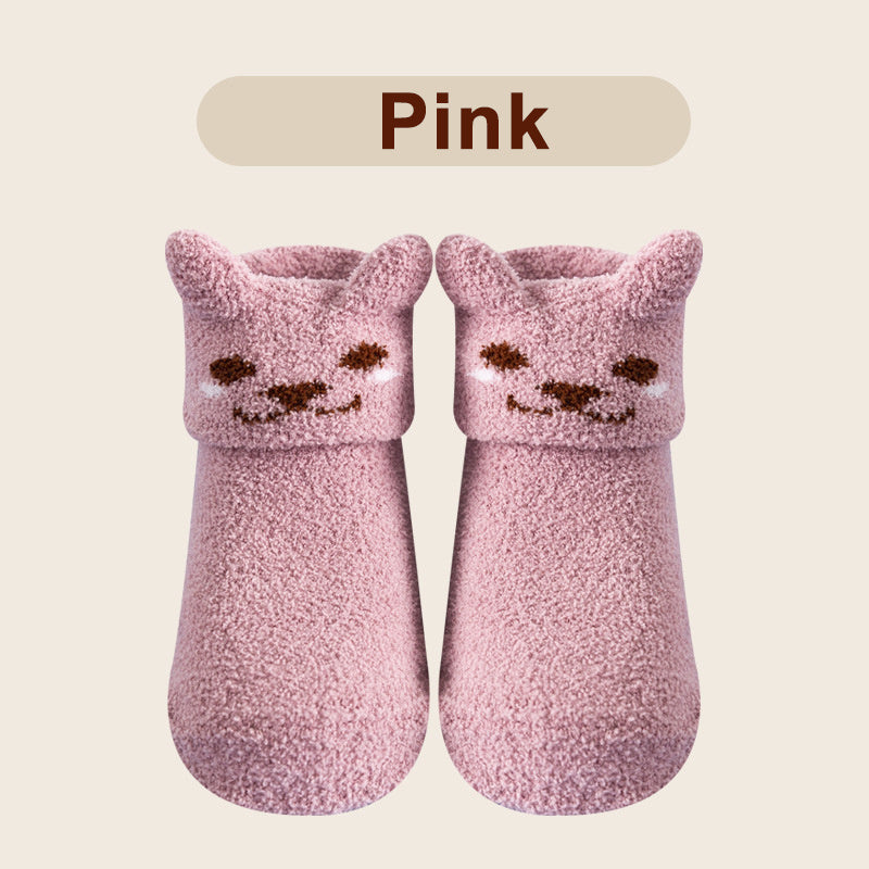 Baby Coral Fleece Non-slip Floor Socks - Cartoon Animal Graphic