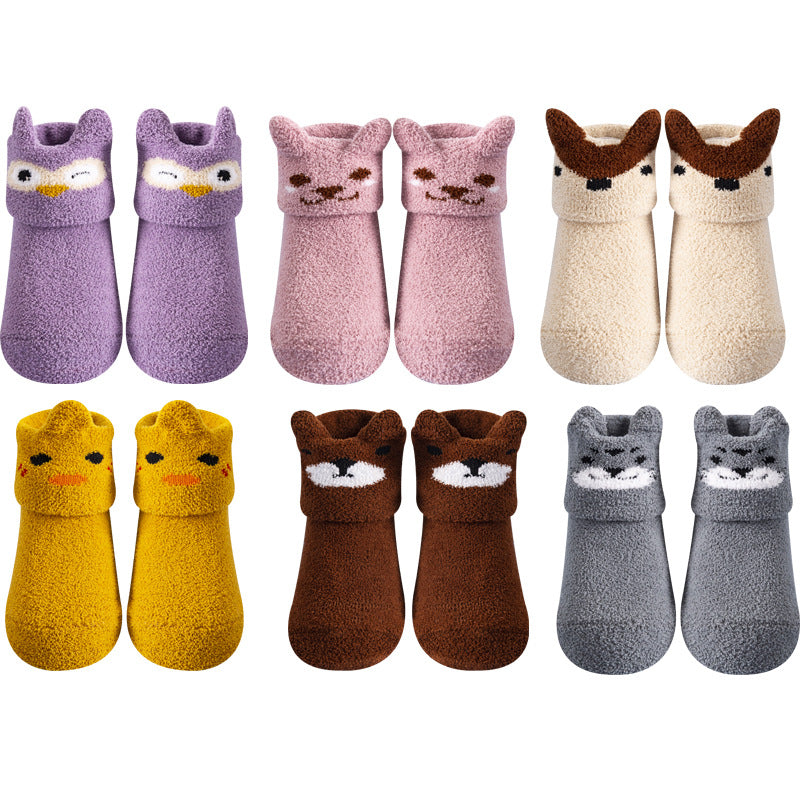 Baby Coral Fleece Non-slip Floor Socks - Cartoon Animal Graphic