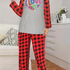Plus Size Letter Heart Print Top & Plaid Pants Lounge Set