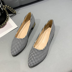 Women's Houndstooth Loafers Chunky Low Heel Slip-on Shoes Pointed Toe Comfort