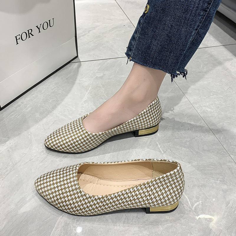 Women's Houndstooth Loafers Chunky Low Heel Slip-on Shoes Pointed Toe Comfort