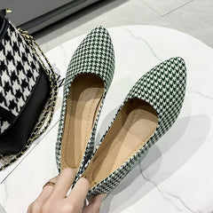 Women's Houndstooth Loafers Chunky Low Heel Slip-on Shoes Pointed Toe Comfort