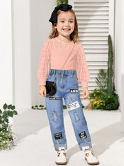 Girls Mesh Plaid T Shirt Top & Letter Graphic Jeans Set Kids Spring Clothes