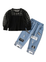 Girls Mesh Plaid T Shirt Top & Letter Graphic Jeans Set Kids Spring Clothes