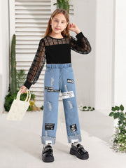 Girls Mesh Plaid T Shirt Top & Letter Graphic Jeans Set Kids Spring Clothes