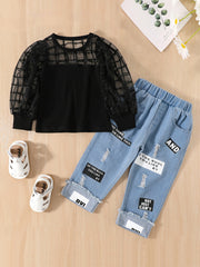 Girls Mesh Plaid T Shirt Top & Letter Graphic Jeans Set Kids Spring Clothes