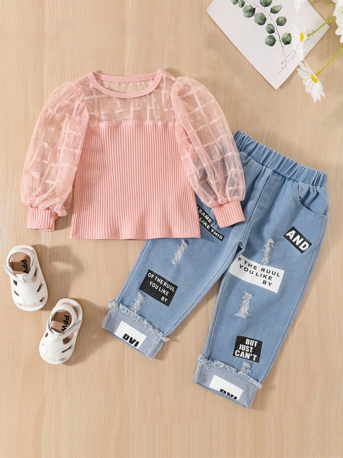 Girls Mesh Plaid T Shirt Top & Letter Graphic Jeans Set Kids Spring Clothes